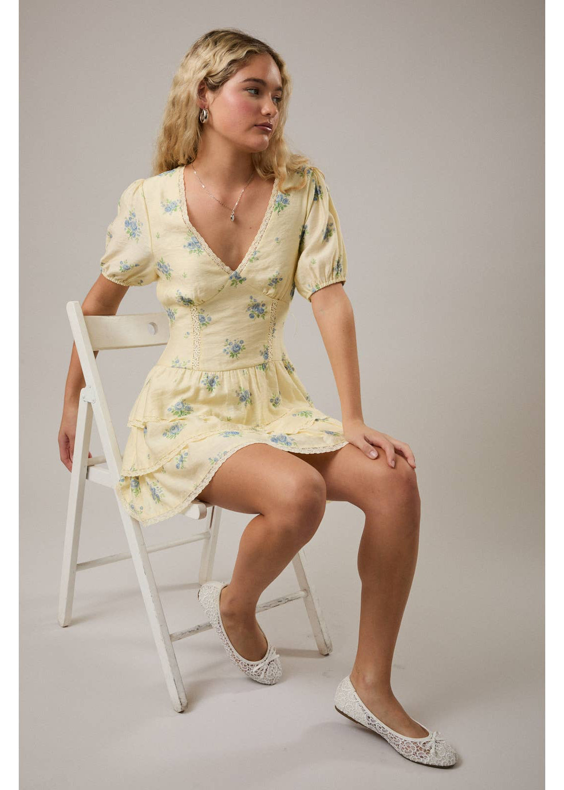 Puff Short Sleeve V-Neck Tiered Dress