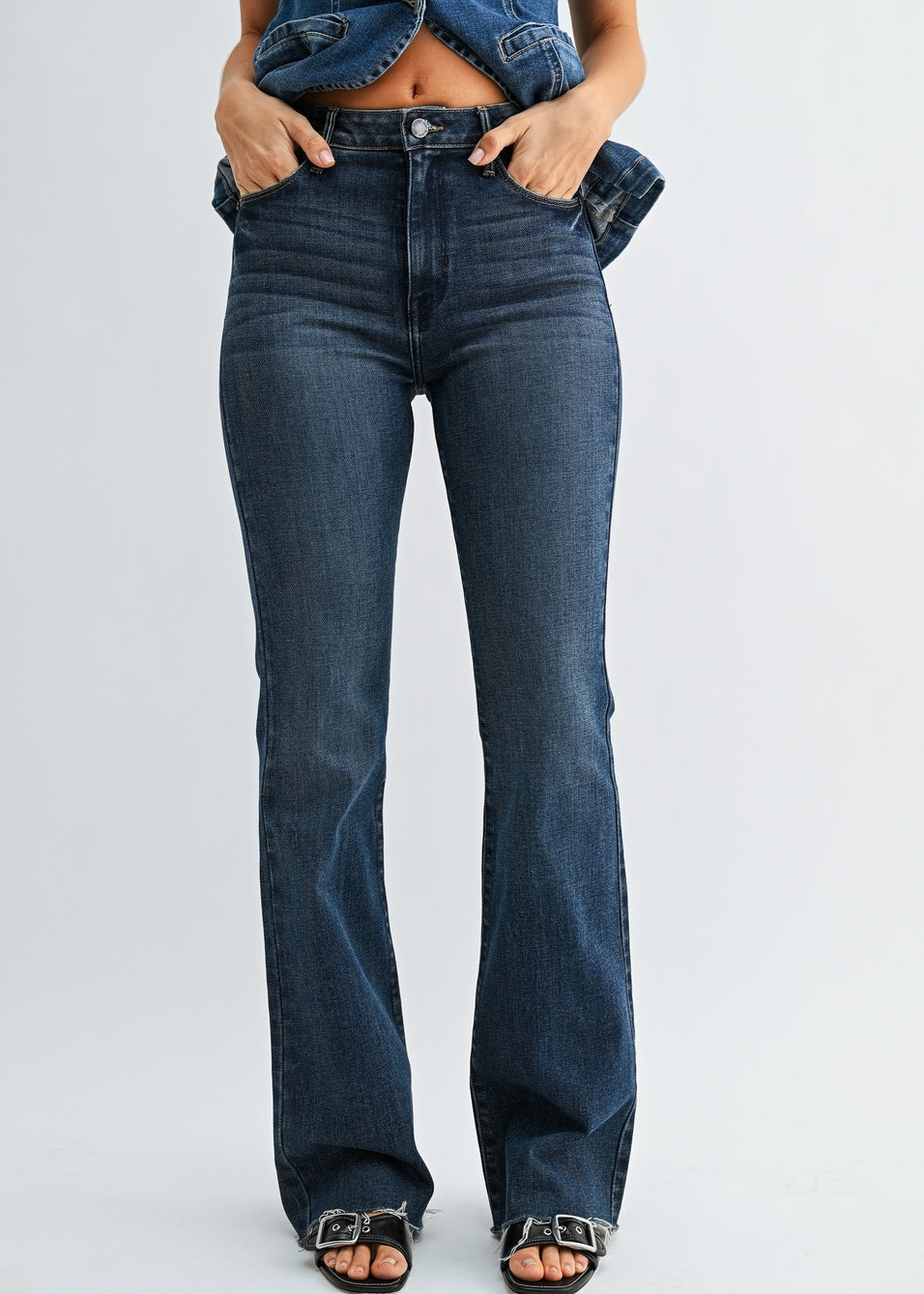 Dark Wash High Rise Cut Flare by JBD
