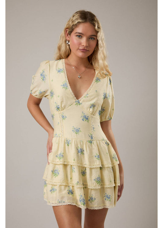 Puff Short Sleeve V-Neck Tiered Dress