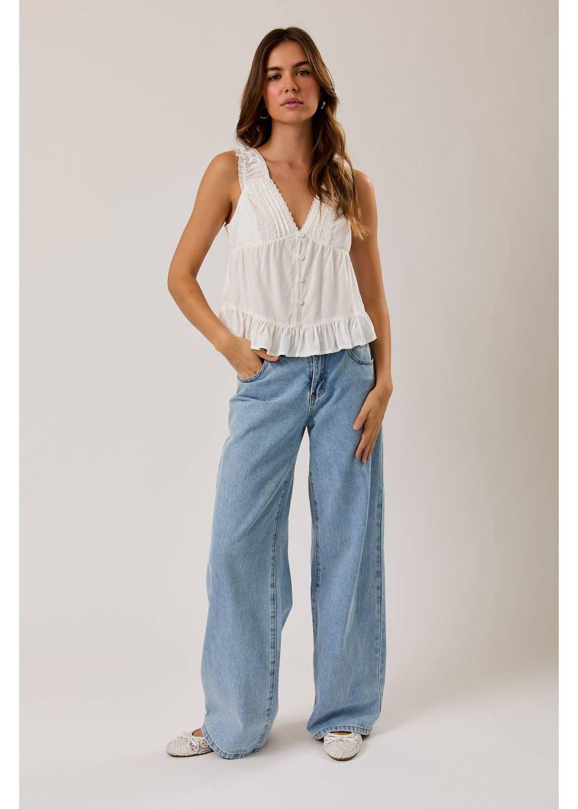 V Neckline Top with Lace Trim in White