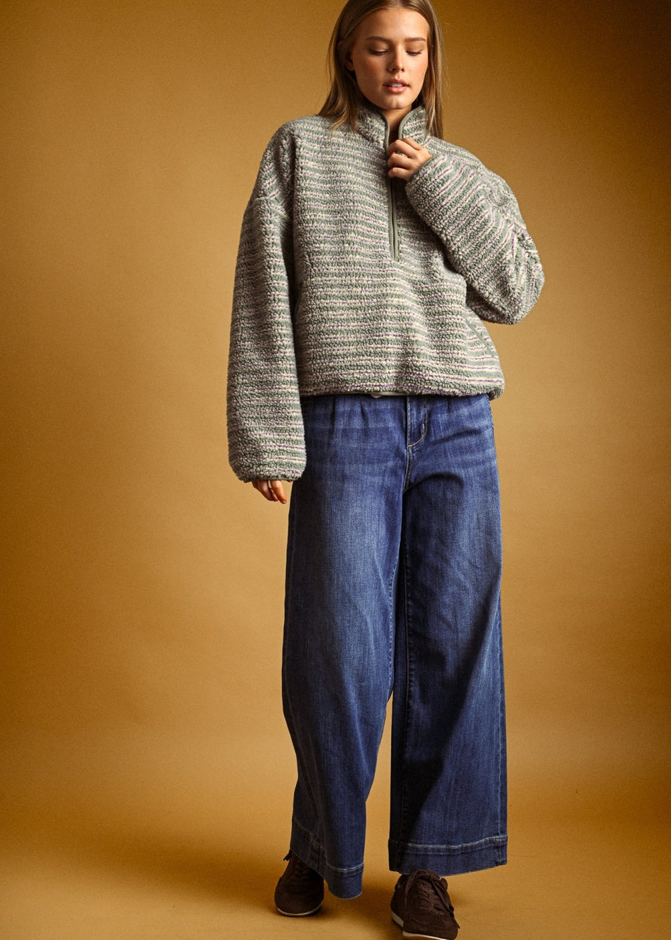 Multi Stripe Sherpa Half Zip Pullover in Grey/Purple