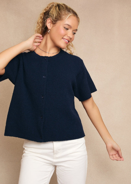 Round Neck Short Sleeve Sweater Cardigan