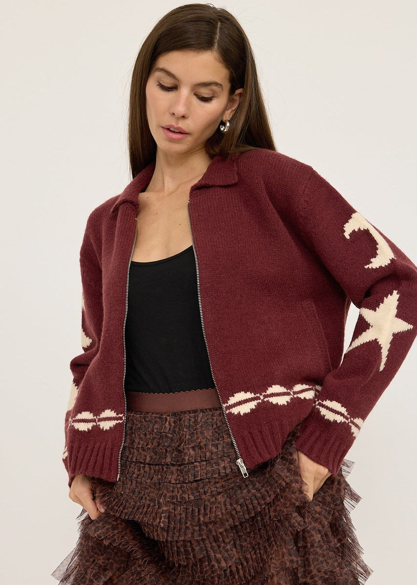 Patterned Zip Up Sweater