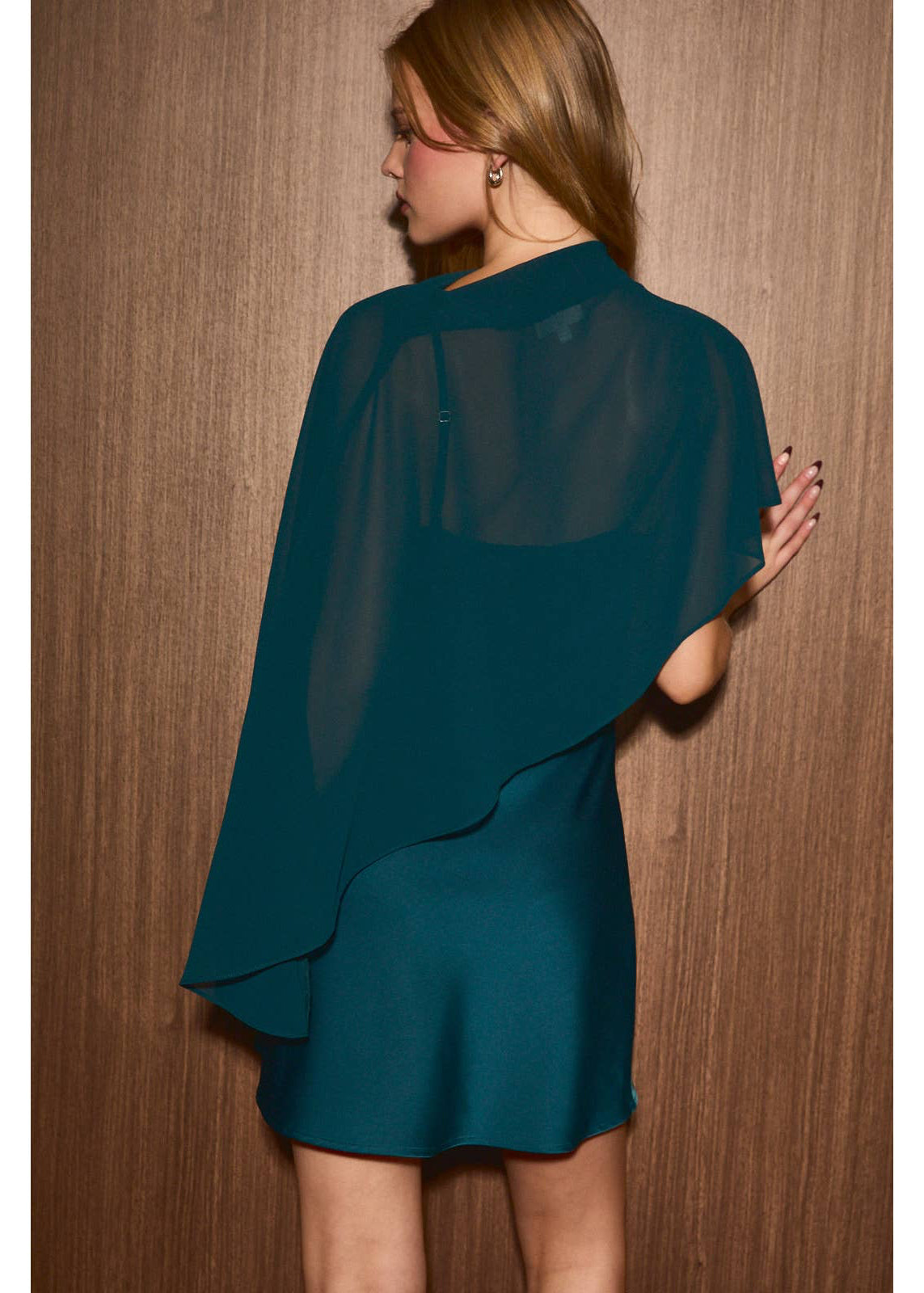 Satin Bias Slip Mini Dress with Sheer Cape