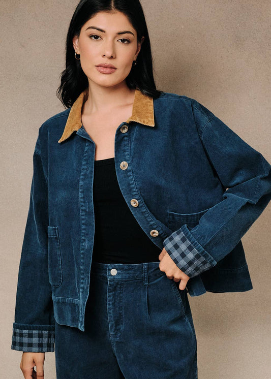 Contrast Collar Plaid Cuff Corduroy Button Front Barn Jacket