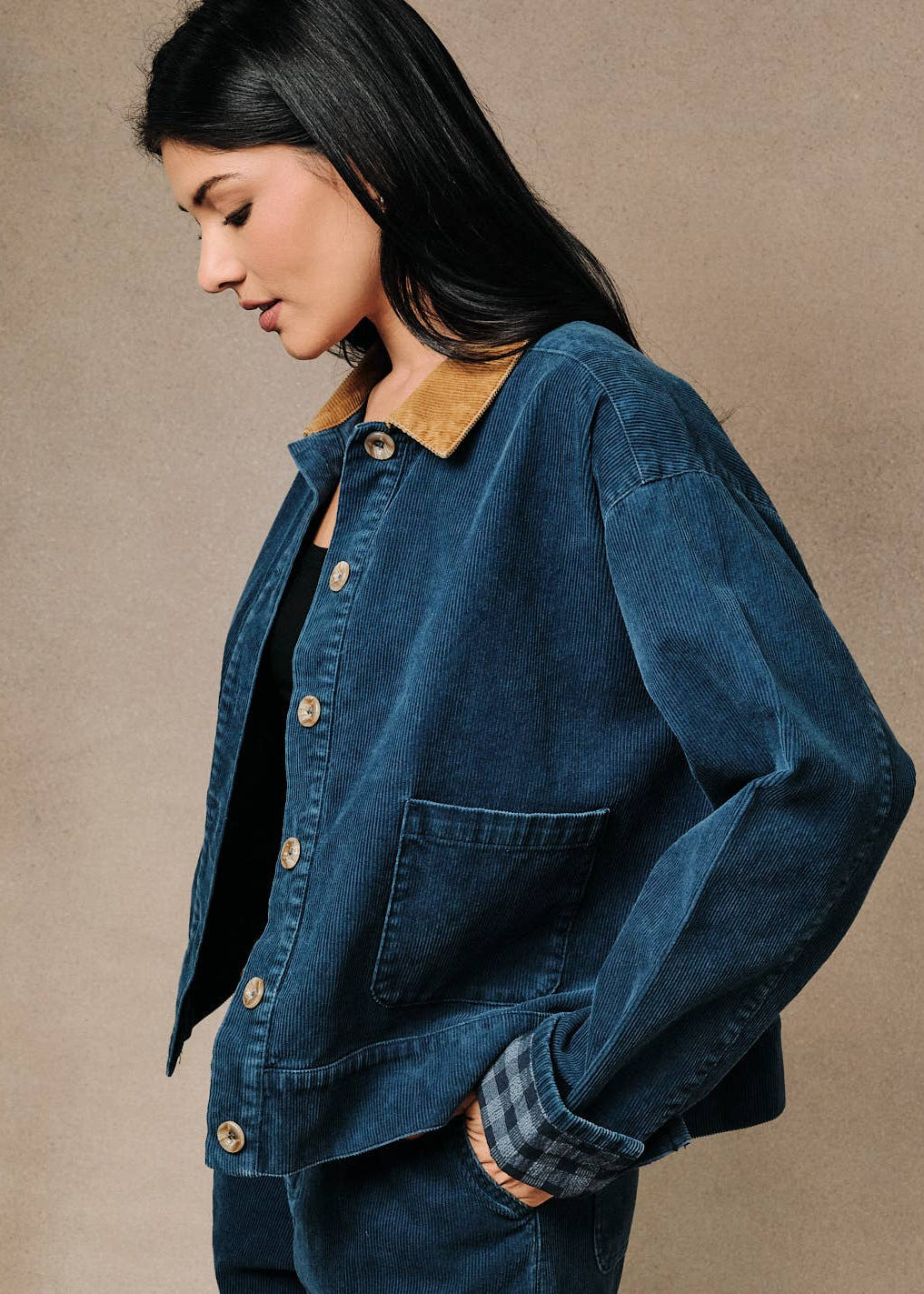 Contrast Collar Plaid Cuff Corduroy Button Front Barn Jacket