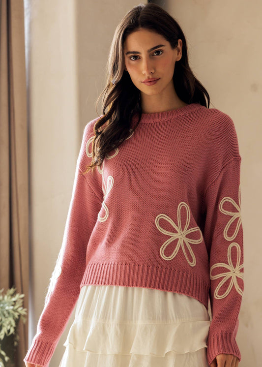 Floral Detail Crewneck Sweater in Pink