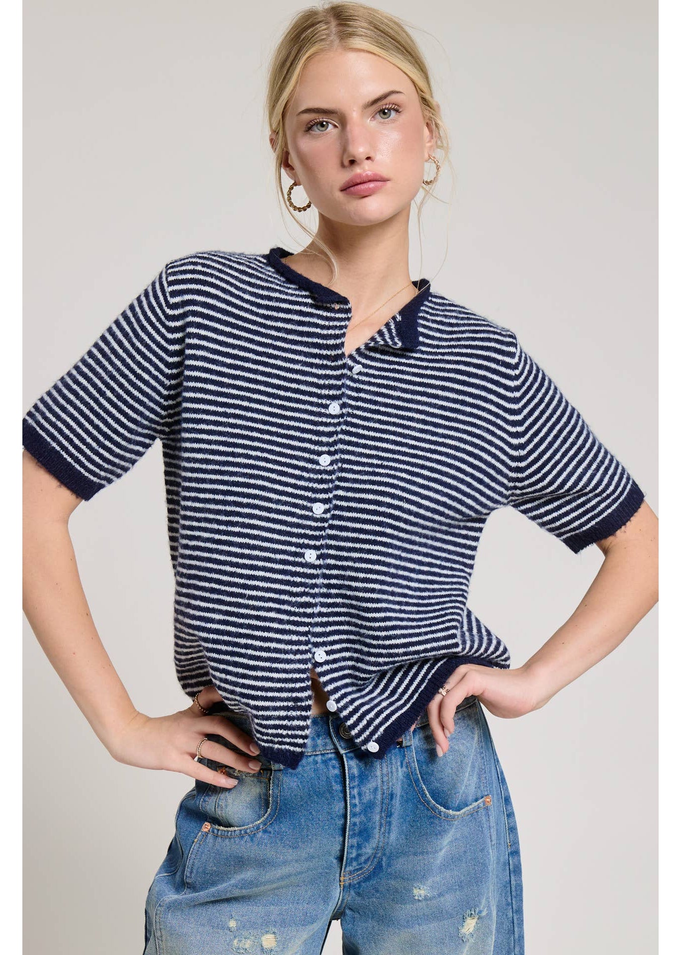 Striped Short Sleeve Shirt in Navy