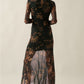 Floral Mesh Mock-Neck Long-Sleeve Maxi Dress