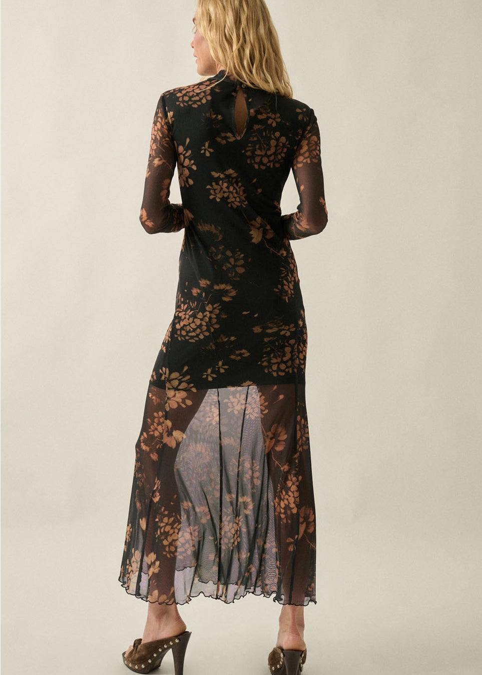 Floral Mesh Mock-Neck Long-Sleeve Maxi Dress
