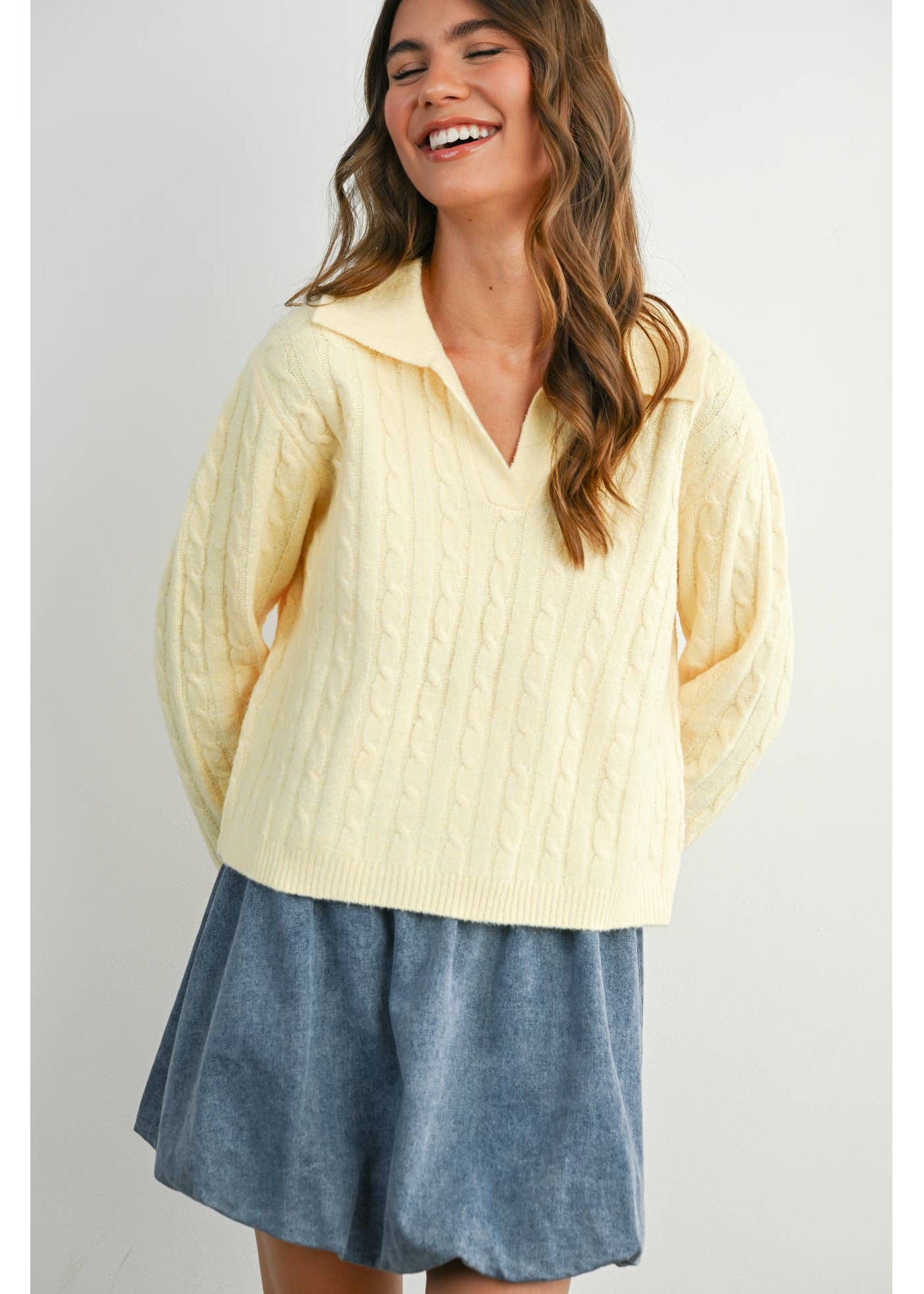 Cable Knit V-Neck Collared Long Sleeve