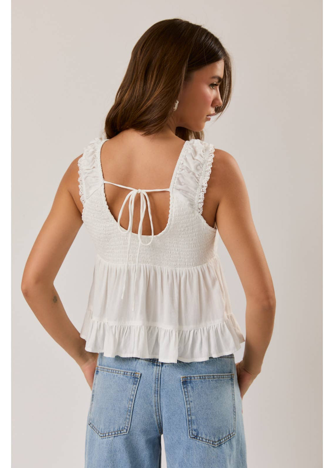 V Neckline Top with Lace Trim in White