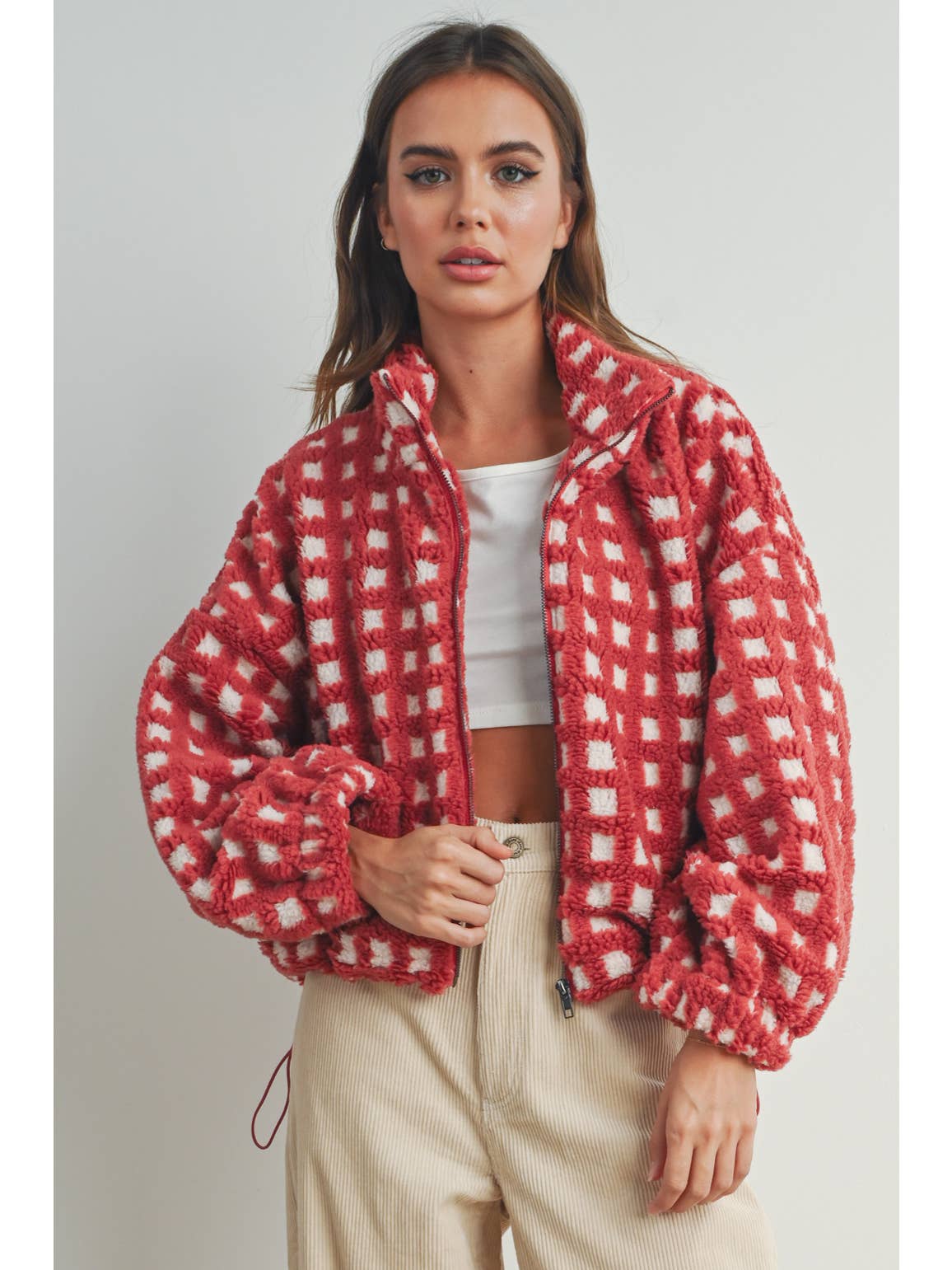 Red and White Sherpa Jacket