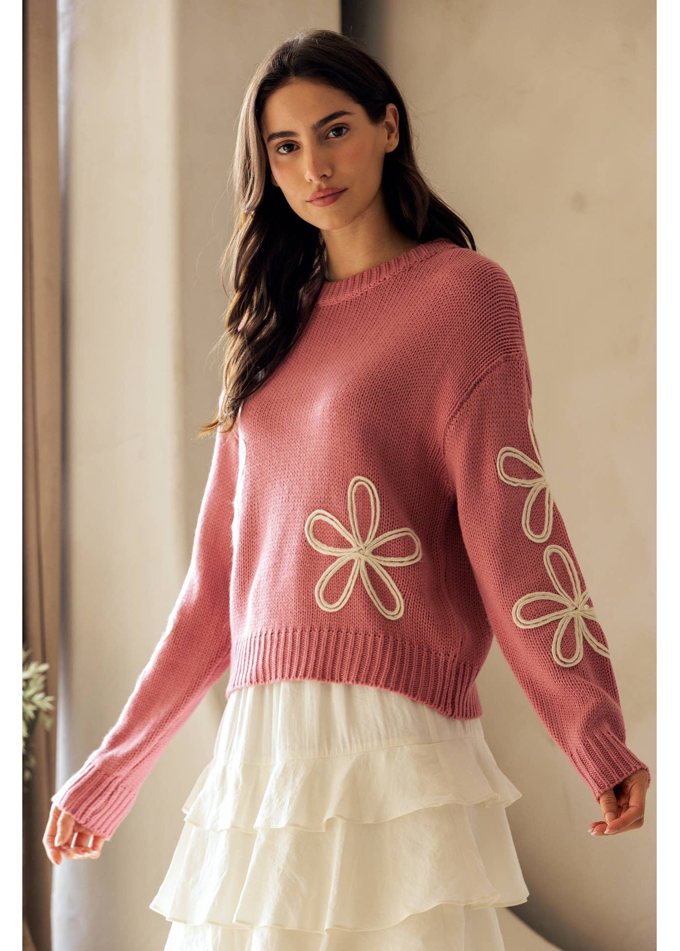 Floral Detail Crewneck Sweater in Pink