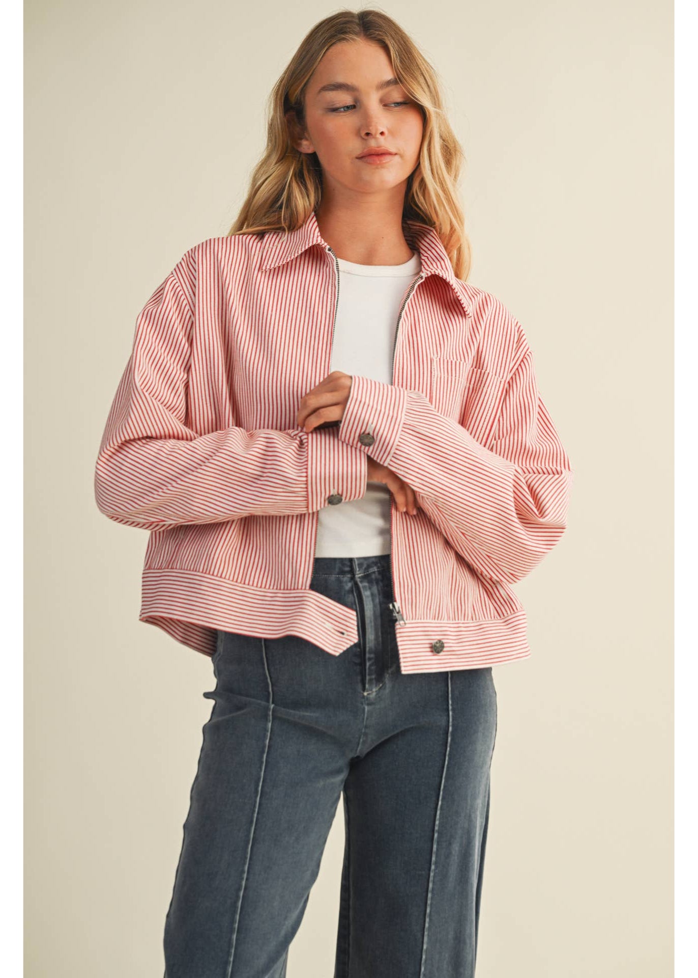 Red & White Striped Zip Up