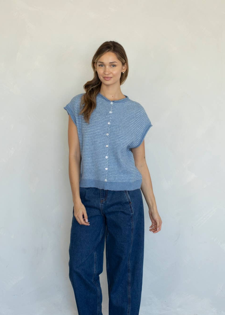 Piper Cardigan in Dusty Blue Pin Stripe
