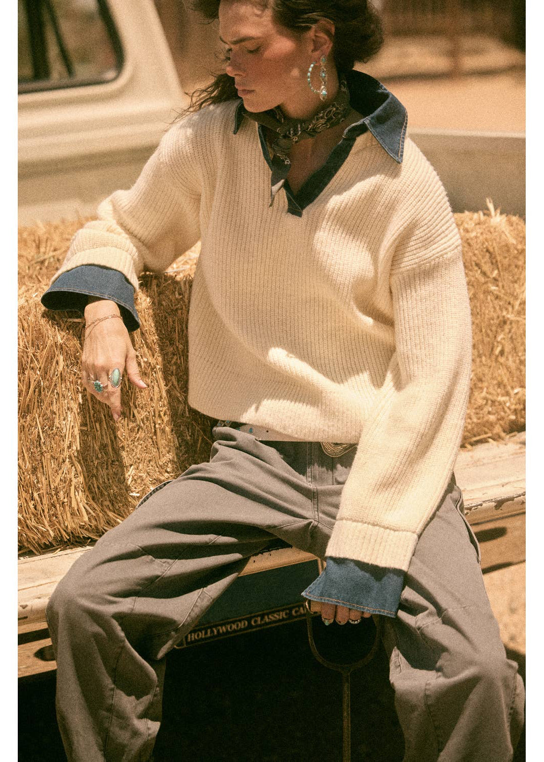 Rib Knit Denim Layered Sweater
