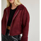 Fur Zip Up Suede Jacket in Burgandy
