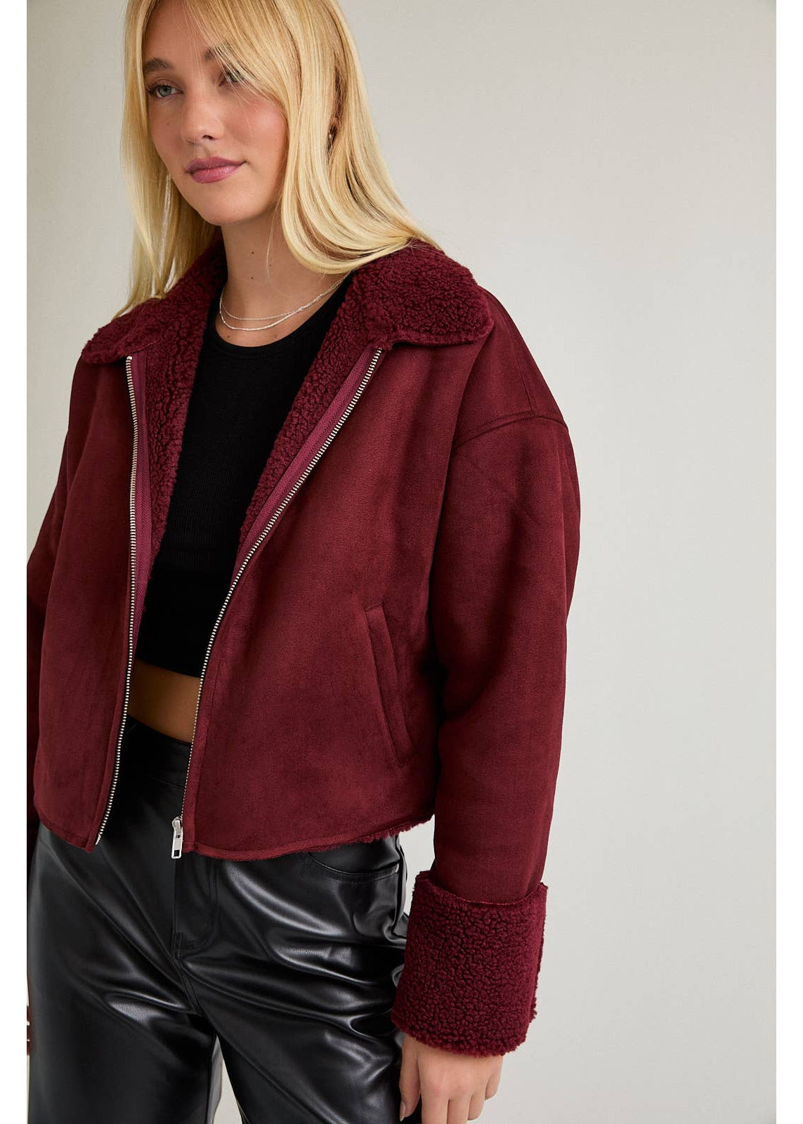 Fur Zip Up Suede Jacket in Burgandy