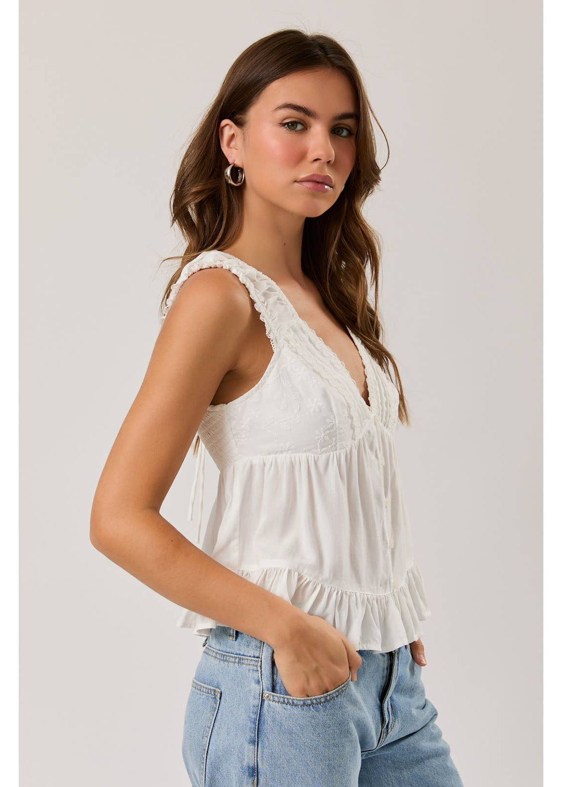 V Neckline Top with Lace Trim in White