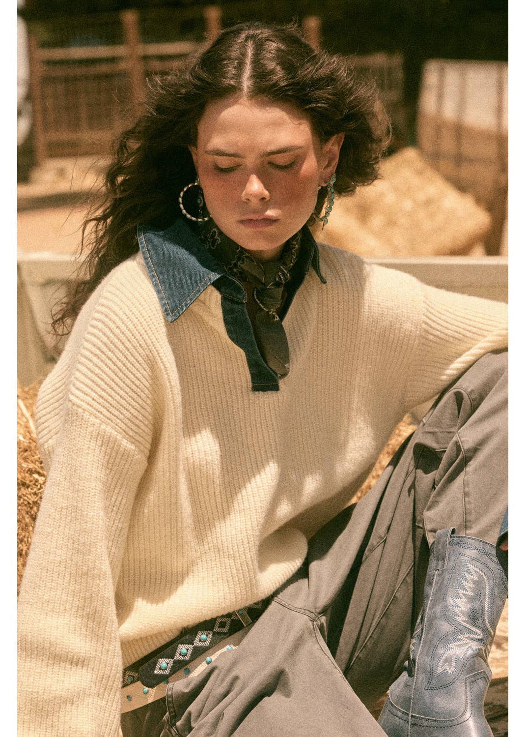 Rib Knit Denim Layered Sweater