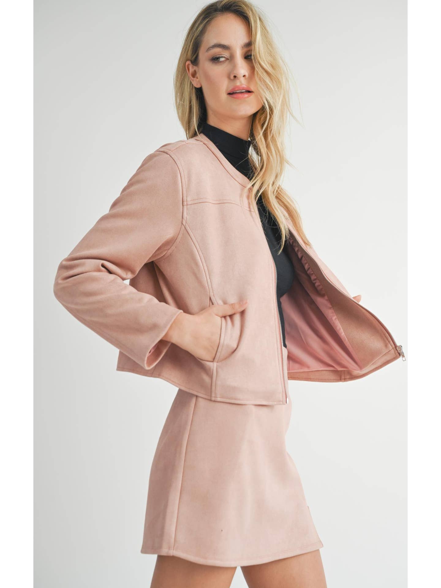 Faux Suede Moto Jacket: Rose Pink