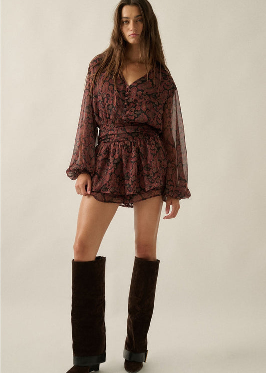 Paisley-Print Chiffon V-Neck Bubble-Sleeve Layered Romper