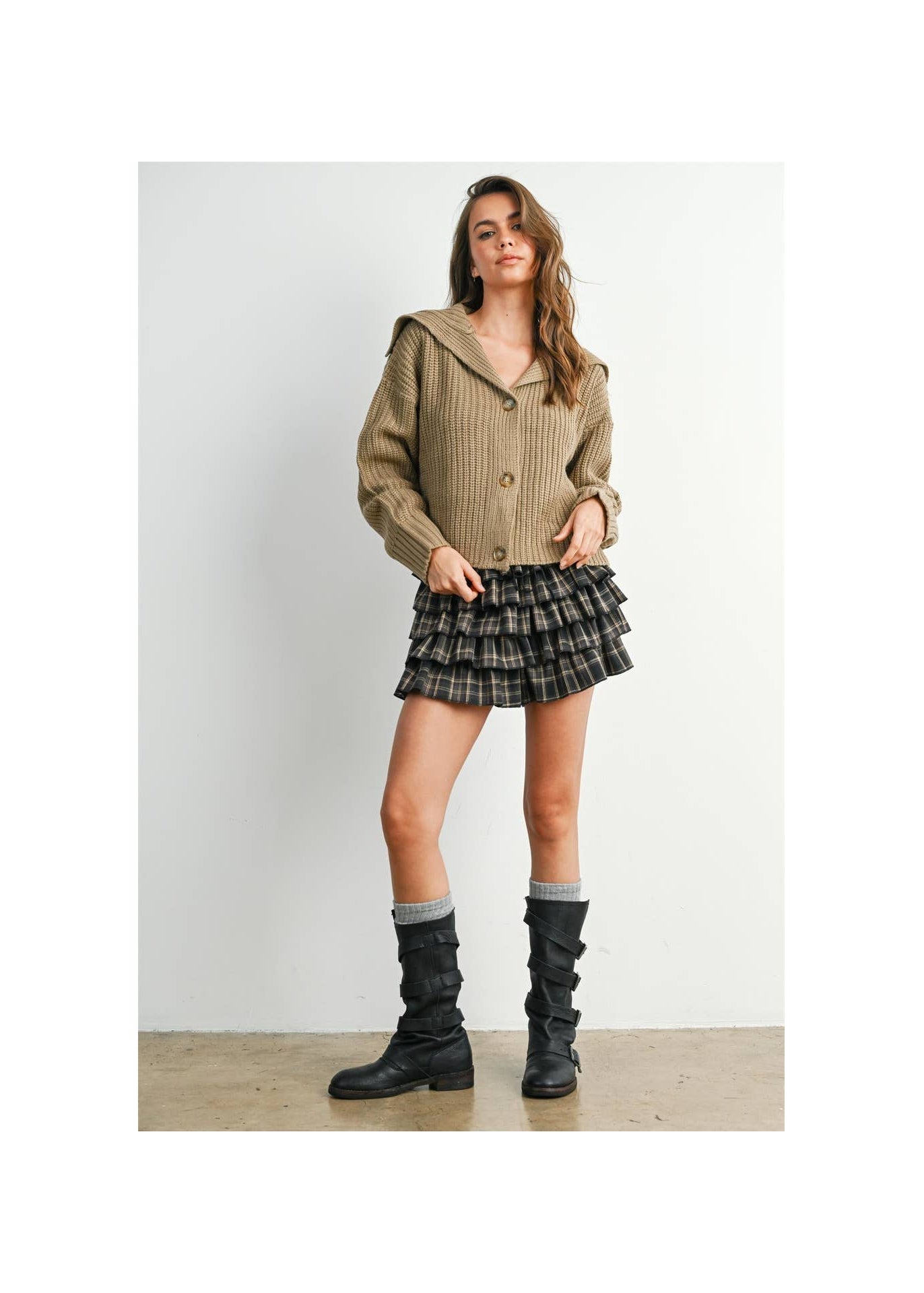 Plaid Tiered Ruffle Skort in Grey