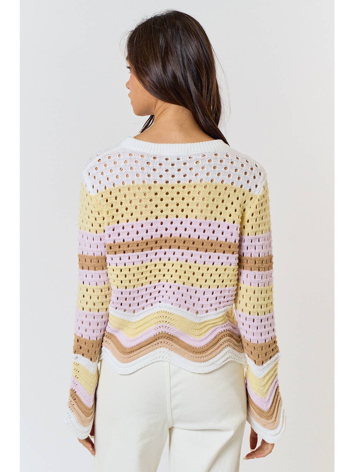 Wavy Multi Color Sweater Top with Scallop Hem Detail