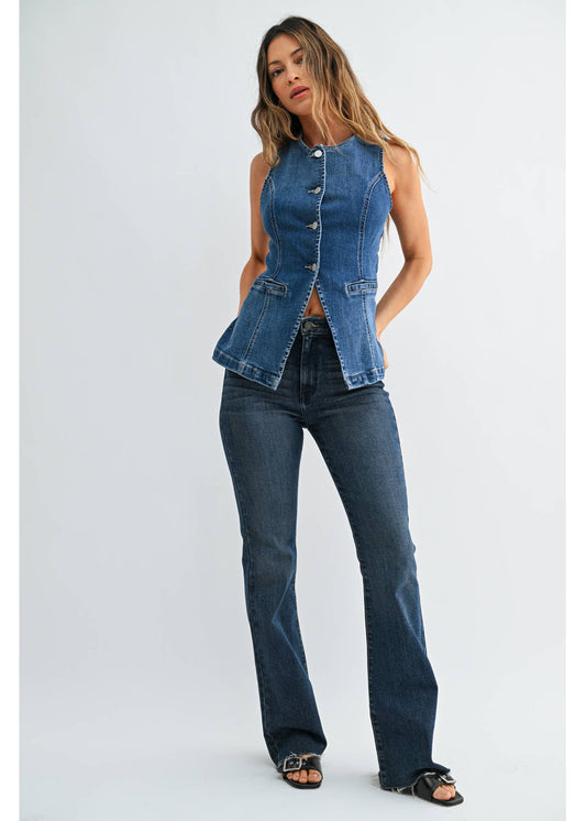 Dark Wash High Rise Cut Flare by JBD