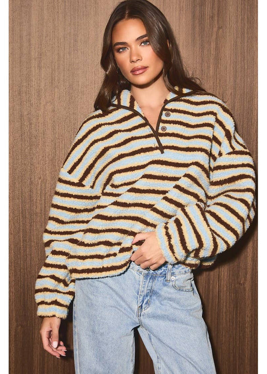 Striped Collared Button Oversized Fleece Pullover