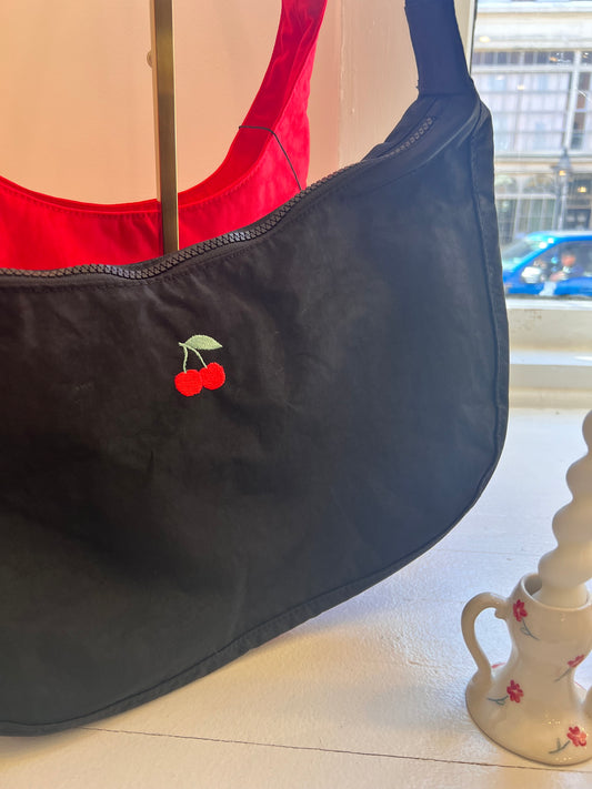 Cherry Embroidered Medium Nylon Crescent Bag by Baggu