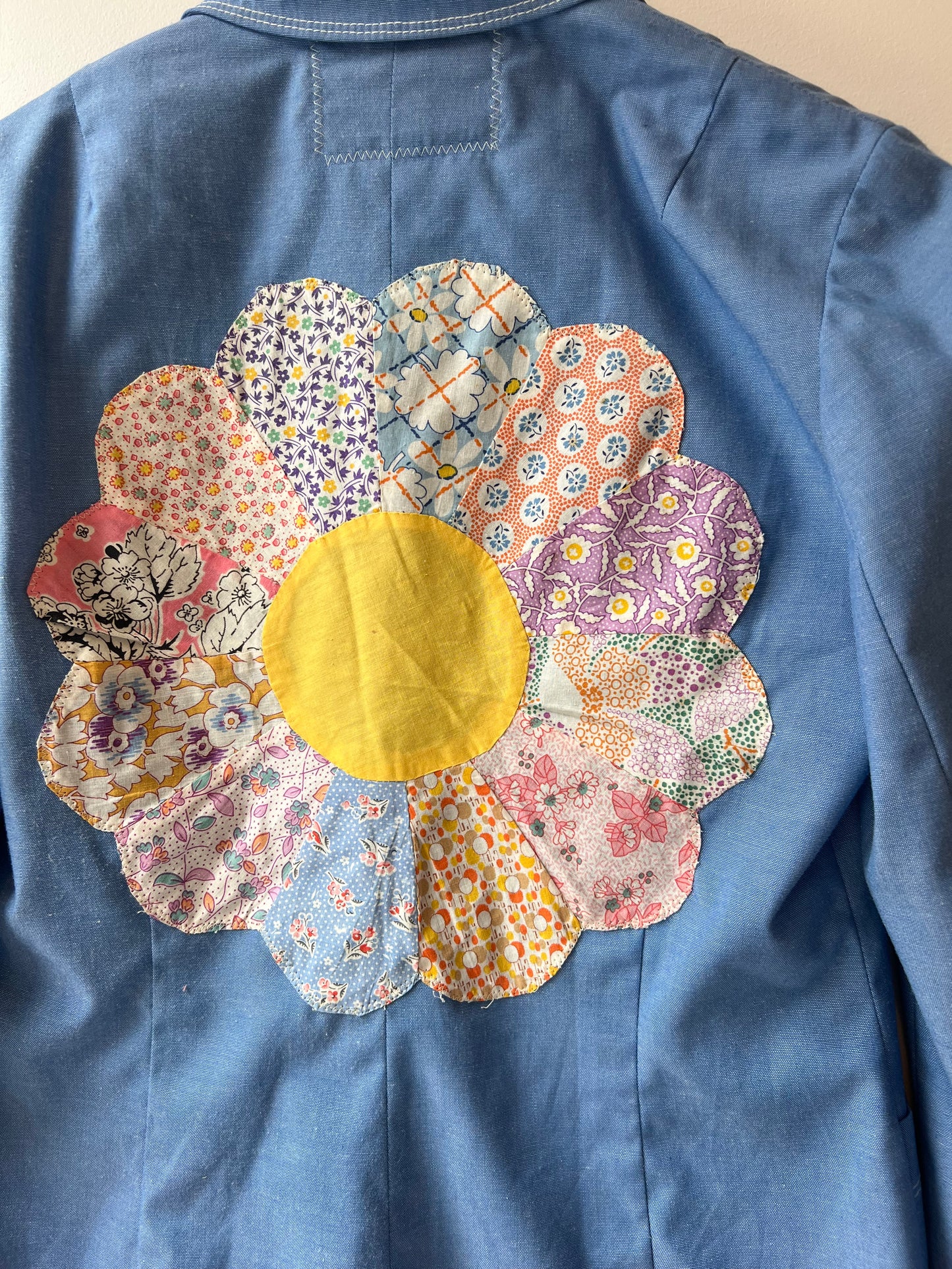Custom Blue Blazer with Flower Quilt Patchwork