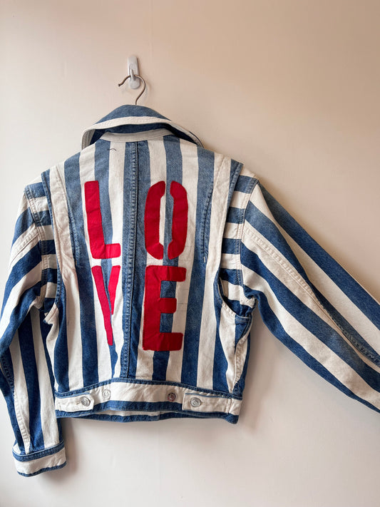 Custom White & Blue Striped Denim Jacket with "LOVE"
