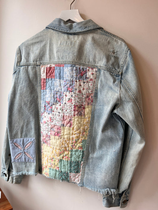 Custom Light Wash Denim Jacket with Quilted Patchwork