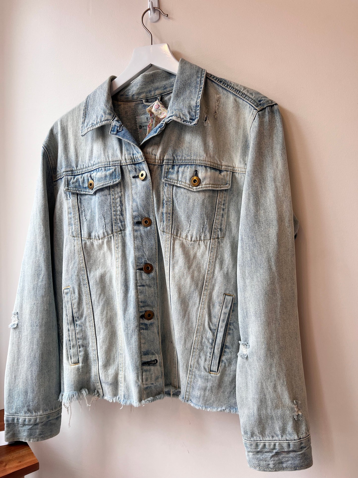 Custom Light Wash Denim Jacket with Quilted Patchwork