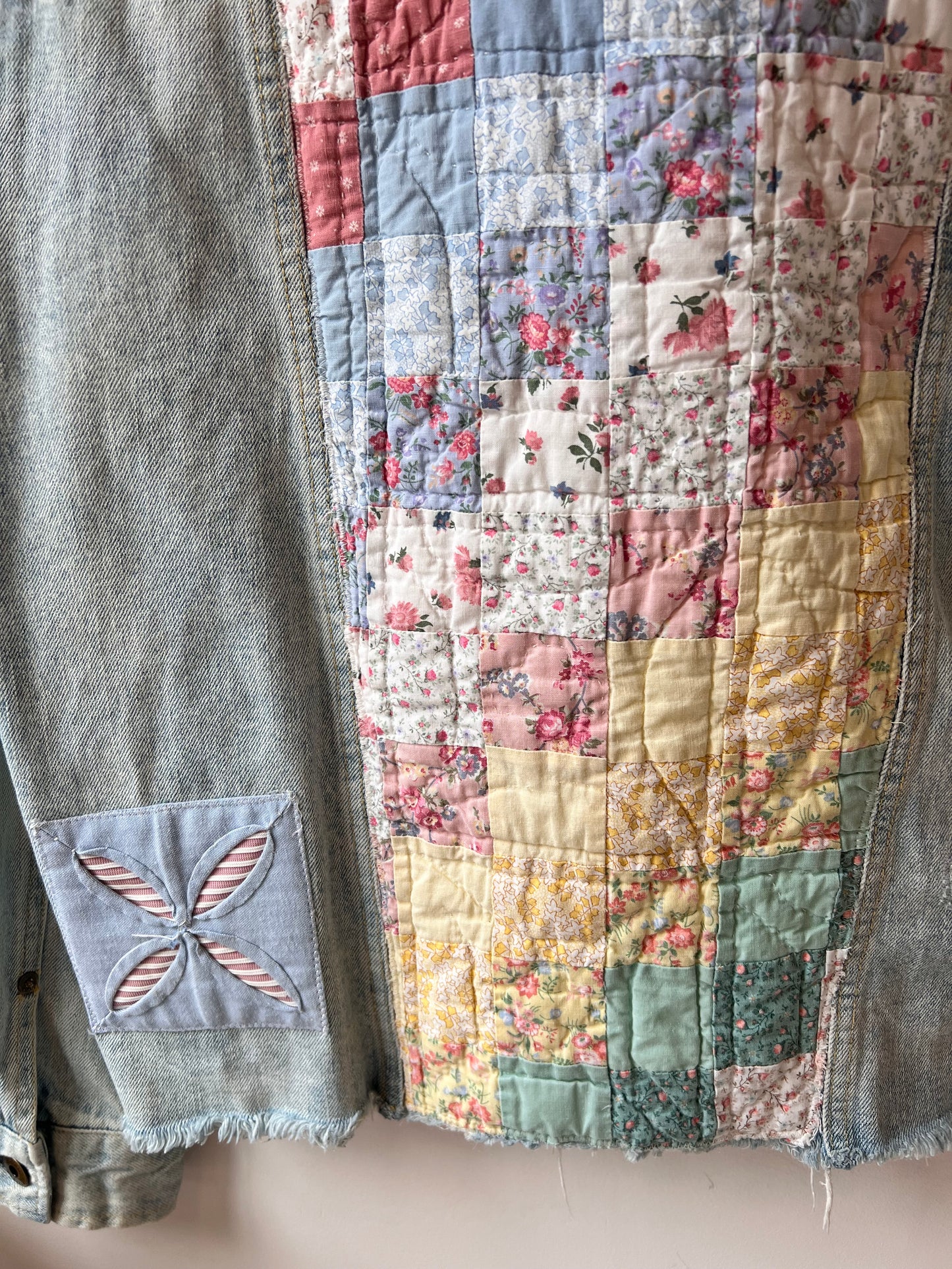 Custom Light Wash Denim Jacket with Quilted Patchwork