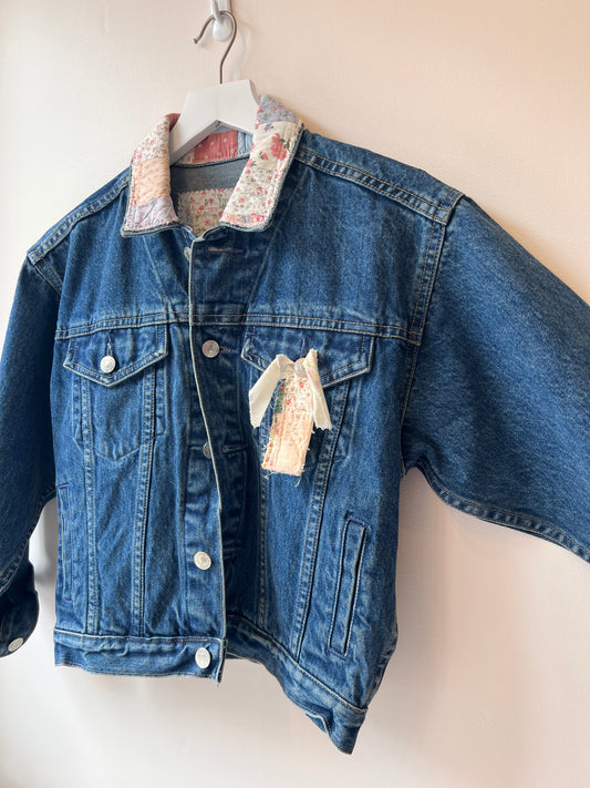 Custom Dark Wash Up cycle Denim Jacket with Patchwork Collar