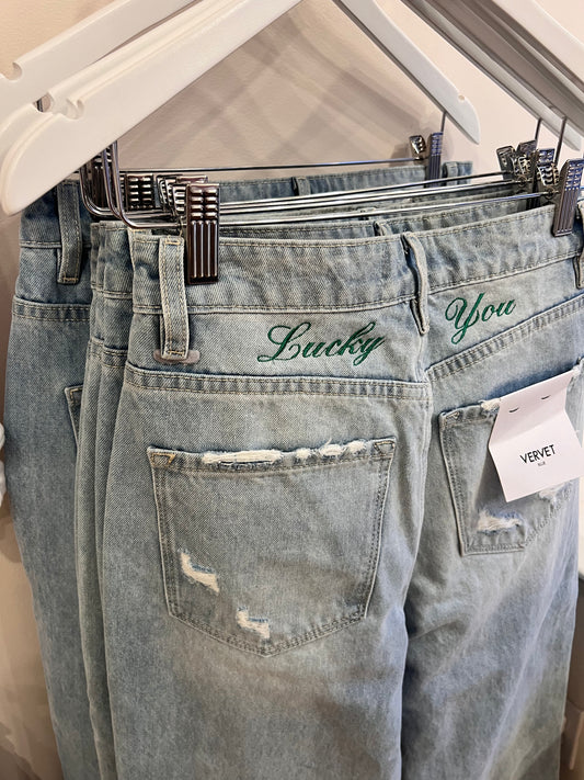 "Lucky You" Embroidered Vintage Flair Denim