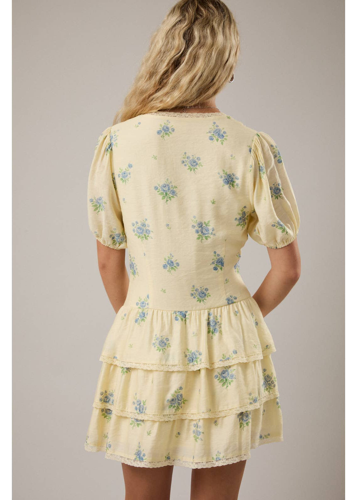 Puff Short Sleeve V-Neck Tiered Dress