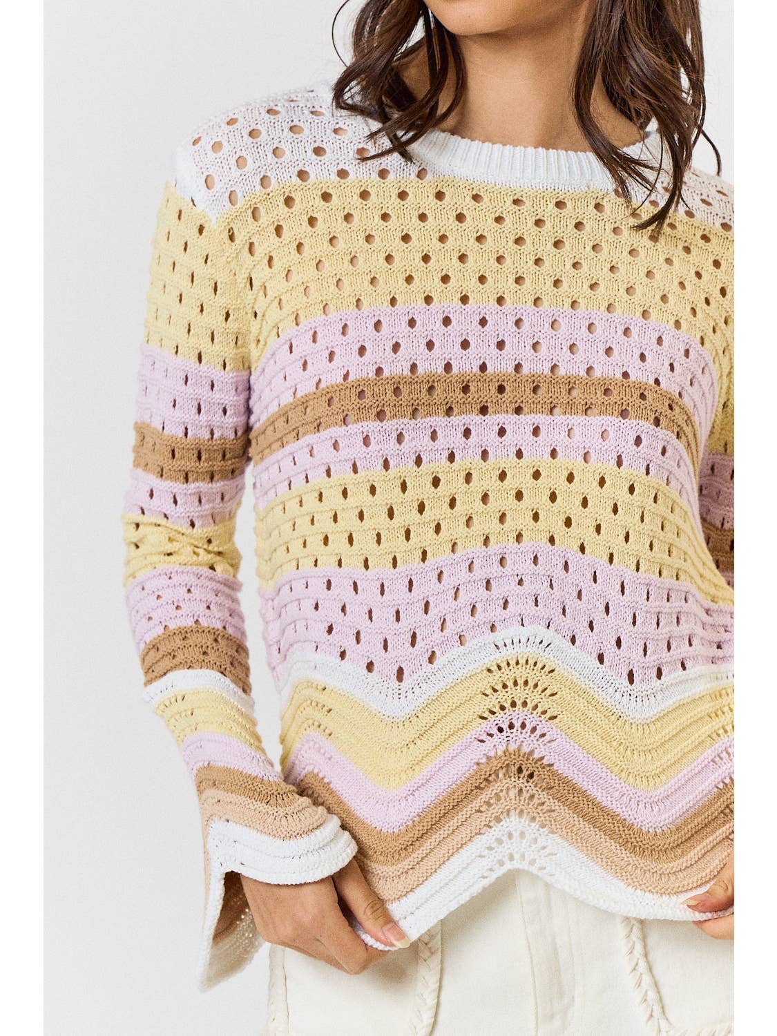 Wavy Multi Color Sweater Top with Scallop Hem Detail