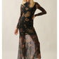 Floral Mesh Mock-Neck Long-Sleeve Maxi Dress