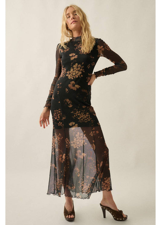 Floral Mesh Mock-Neck Long-Sleeve Maxi Dress