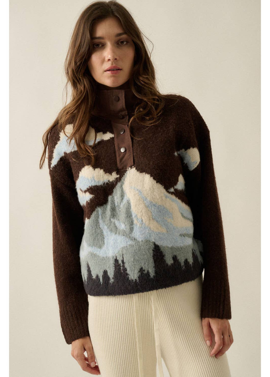Jacquard-Knit Landscape Quarter-Zip Pullover Sweater Jacket