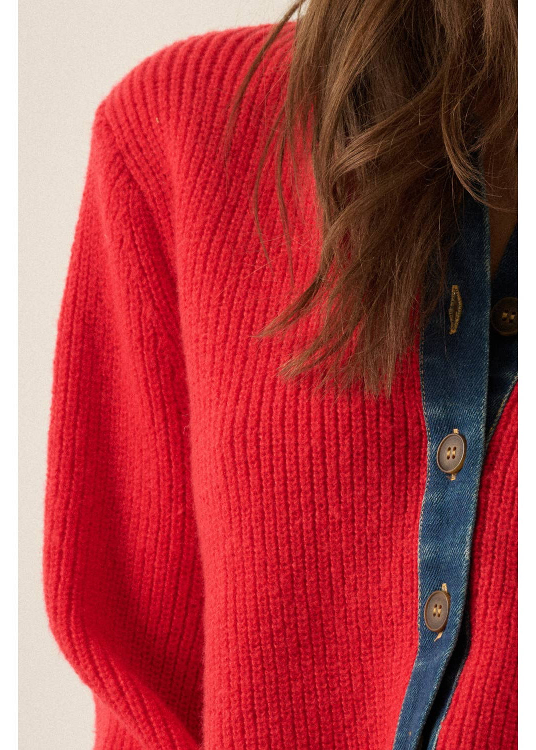 Ribbed Knit and Denim Button Up Cardigan