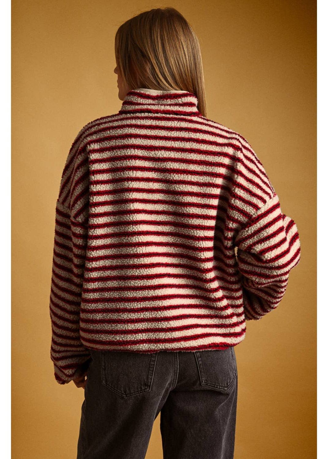 Multi Stripe Sherpa Half Zip Pullover in Red