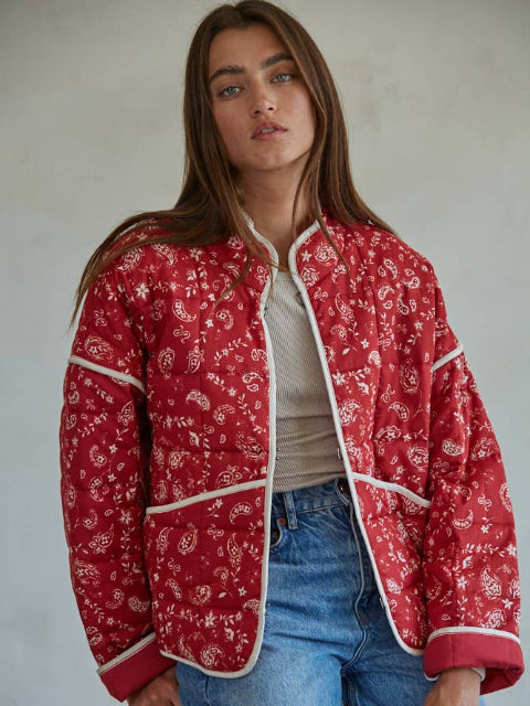 Woven Cotton Quilted + Padded Paisley Print Jacket