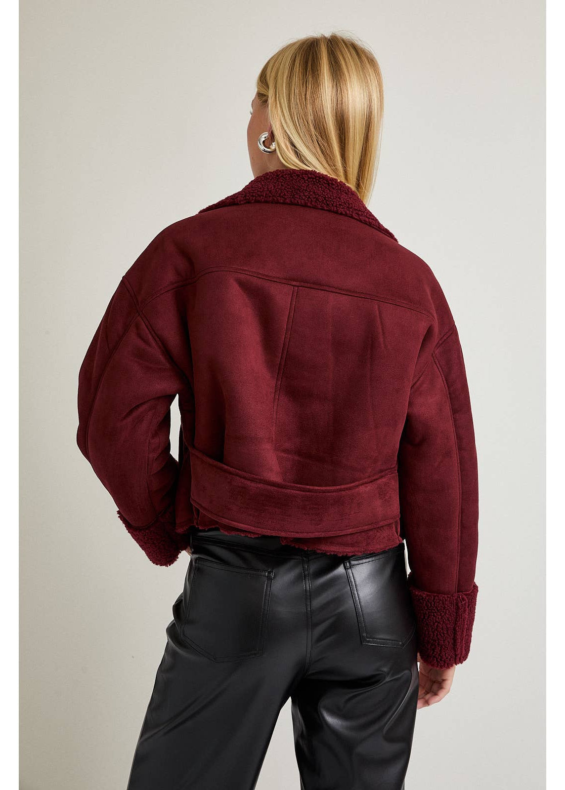 Fur Zip Up Suede Jacket in Burgandy