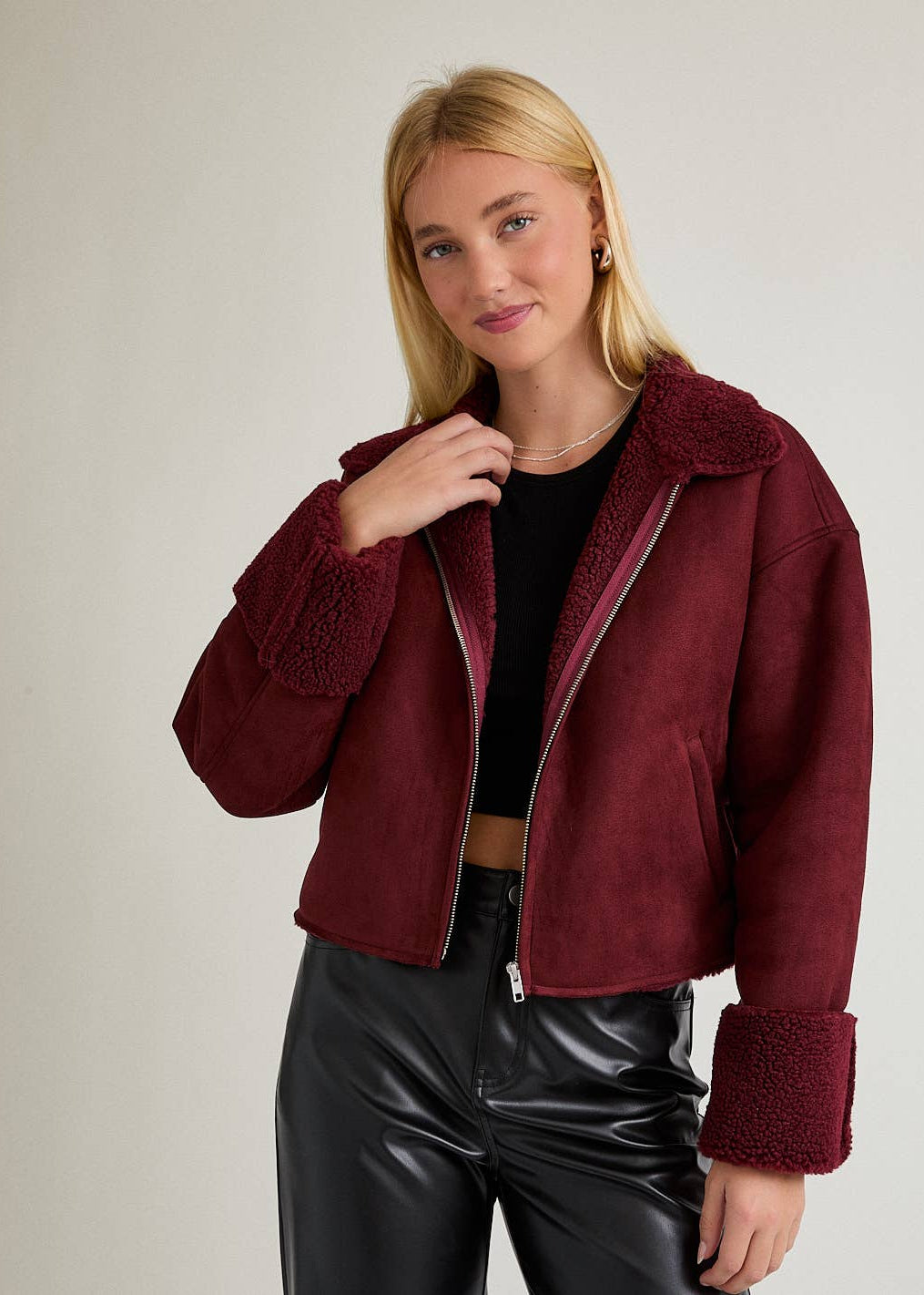 Fur Zip Up Suede Jacket in Burgandy