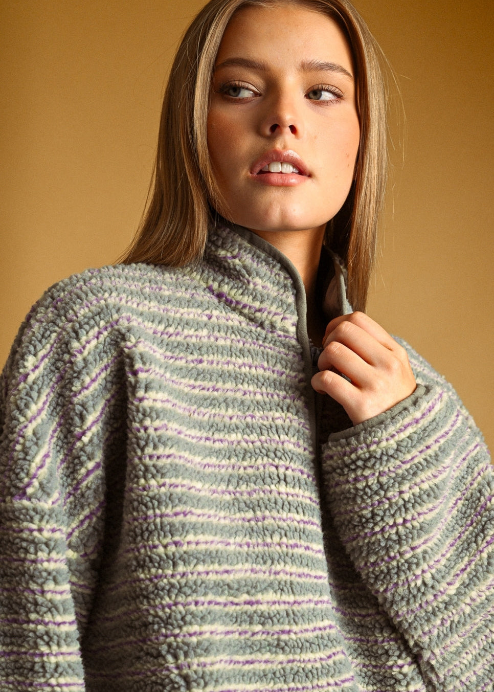 Multi Stripe Sherpa Half Zip Pullover in Grey/Purple
